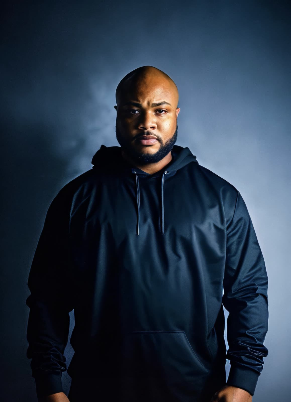 Scottie Stowe in a dark hoodie against a smoky blue backdrop